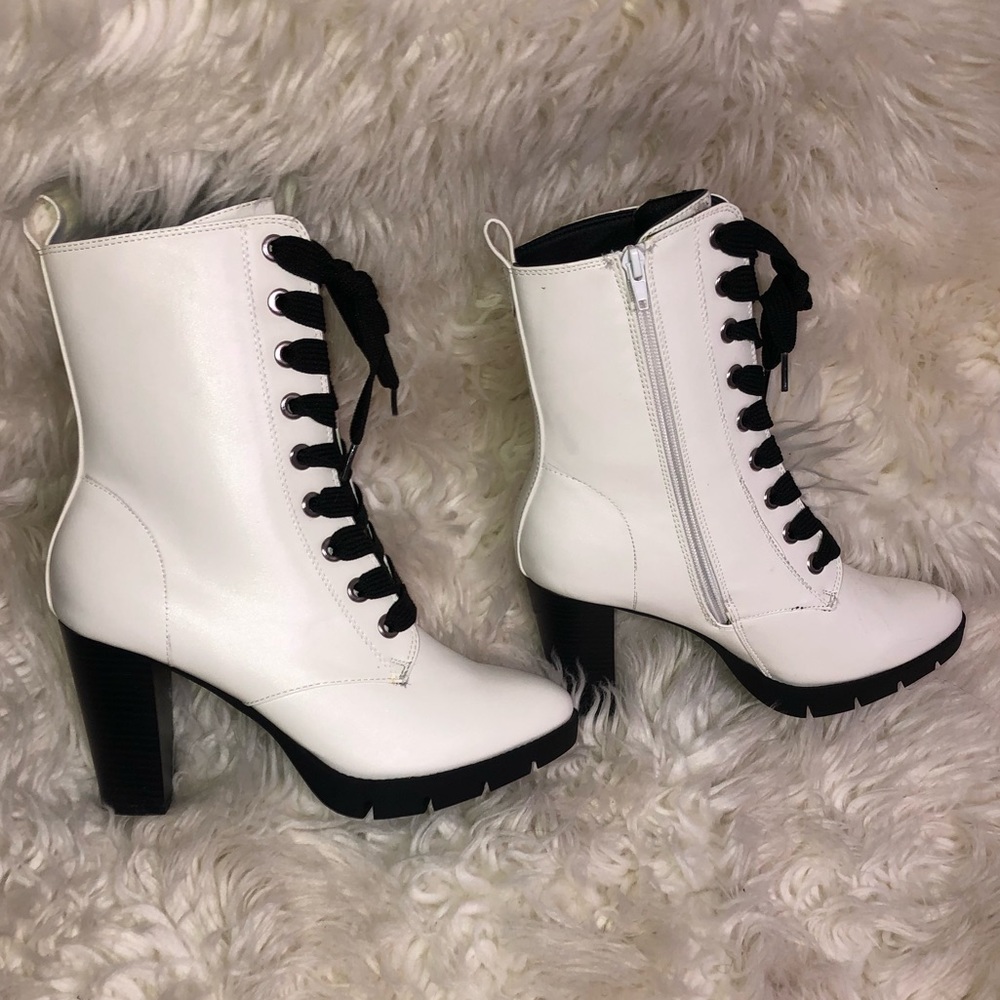 Fashion Nova white lace up heeled combat boots